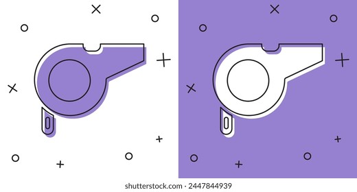 Set Whistle icon isolated on white and purple background. Referee symbol. Fitness and sport sign.  Vector