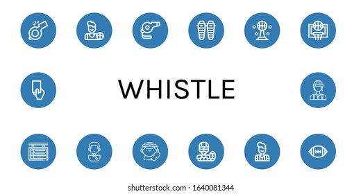 Set of whistle icons. Such as Whistle, Basketball, Shin, Scoreboard, Soccer player, Lifeguard, American football, Referee, Red card , whistle icons