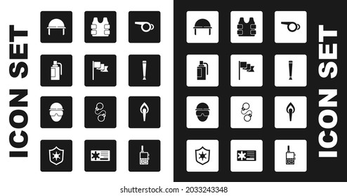 Set Whistle, Location marker, Hand grenade, Military helmet, Police rubber baton, Bulletproof vest, Torch flame and Special forces soldier icon. Vector