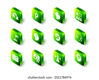 Set Whistle, Man with third eye, Training, presentation, Headphones, Human lamp bulb, puzzles strategy, Front end development and Certificate template icon. Vector