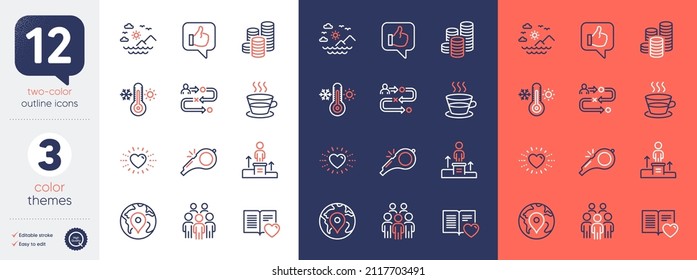 Set of Whistle, Pin and Sea mountains line icons. Include Like, Business podium, Journey path icons. Coffee cup, Coins, Love book web elements. Group people, Thermometer, Heart. Kick-off. Vector