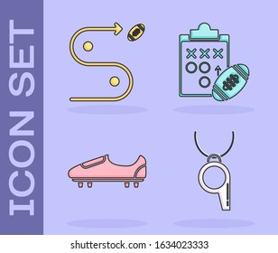 Set Whistle, Planning strategy concept, Soccer or football shoes with spikes and Planning strategy concept icon. Vector
