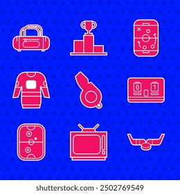 Set Whistle, Retro tv, Ice hockey sticks and puck, Hockey mechanical scoreboard, Air table, jersey, Planning strategy and Sport bag icon. Vector