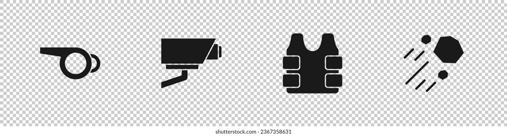 Set Whistle, Security camera, Bulletproof vest and Flying stone icon. Vector