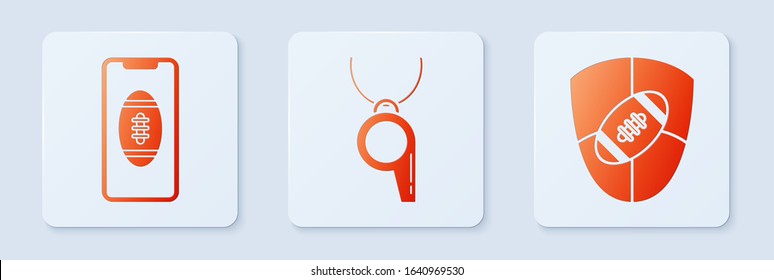 Set Whistle, Smartphone with american football ball on the screen and American Football ball and shield. White square button. Vector