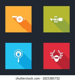 Set Whistle, Sniper optical sight, Paw search and Deer antlers on shield icon. Vector.