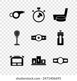 Set Whistle, Stopwatch, Ice hockey stick and puck, Award over sports winner podium, Boxing belt, Punching bag and  icon. Vector