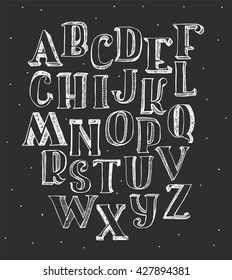 Set of white 3d alphabet on blackboard. Hand drawn vector illustration with hatch and brush.  Letters sequence from A to Z, good for lettering or decoration. Isolated on black  rough, dirty font.