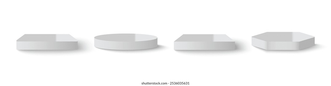 Conjunto de podios de fondo blanco 3D con una superficie brillante. Pedestal de la sala de exposición del estudio, escenario de maqueta del escaparate. Podio de Vector 3D.