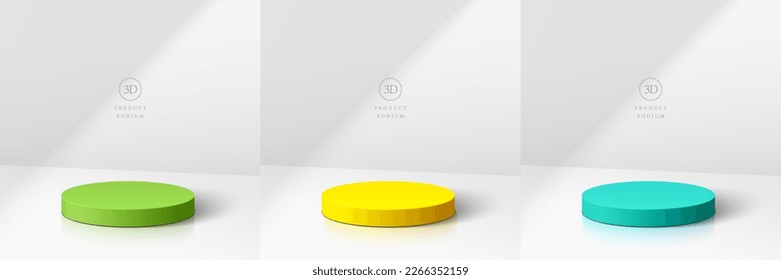 Set of white 3D background with realistic pedestal podium in green, blue, yellow. Window light overlay. Minimal wall scene mockup product display. Abstract Vector geometric platforms. Stage showcase.