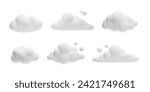 Set of white 3d cloud vector icons. Cartoon weather forecast cloudy symbol. 3D realistic meteorology design element plasticine or clay texture. Render soft round fluffy clouds isolated on white