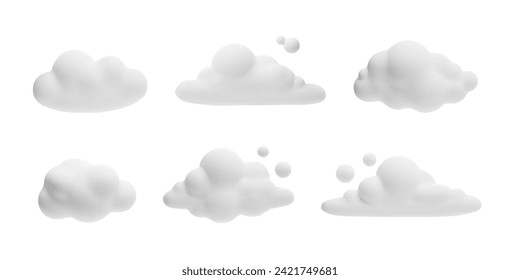 Set of white 3d cloud vector icons. Cartoon weather forecast cloudy symbol. 3D realistic meteorology design element plasticine or clay texture. Render soft round fluffy clouds isolated on white