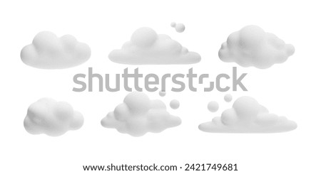 Set of white 3d cloud vector icons. Cartoon weather forecast cloudy symbol. 3D realistic meteorology design element plasticine or clay texture. Render soft round fluffy clouds isolated on white