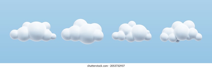 Set of white 3d clouds isolated on a blue background. Render soft round cartoon fluffy clouds icon in the blue sky. Realistic 3d symbol design. Vector illustration