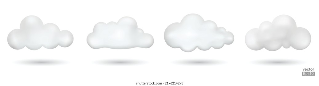 Set of White 3d clouds isolated on a white background. Soft round cartoon fluffy cloud icon. Realistic clouds vector set. 3D Vector illustration.