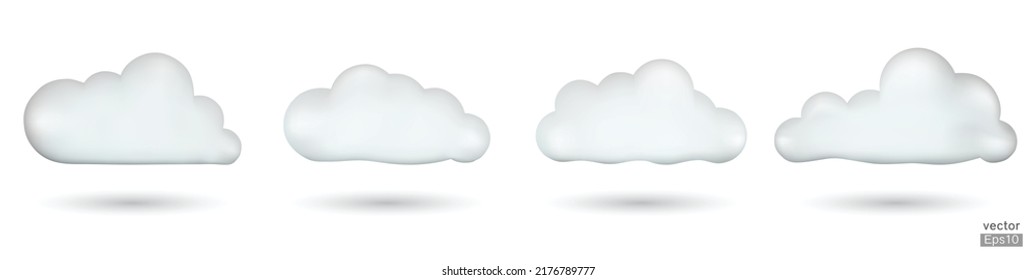 Set of White 3d clouds isolated on a white background. Soft round cartoon fluffy cloud icon. Realistic clouds vector set. 3D Vector illustration.