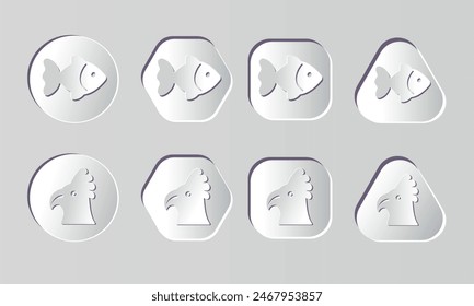 A set of white 3D concave badges of various shapes with embossing . Paper cutting and craft.Neumorphic Design.Label, button with icons for veterinary medicine, pet care, zoo, shelter.Fish and parrot.