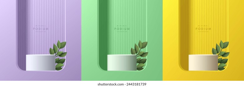 Set of white 3d cylinder podium background with yellow, purple and green wall scene and green leaf. Abstract minimal scene for mockup or products display, Round stage showcase. Vector geometric forms.