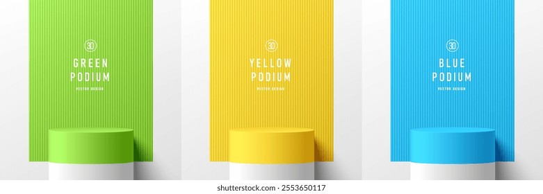 Set of white 3D cylindrical podium with green, yellow, blue rectangle backdrop. Minimalist mockup pedestal. Abstract stand product display presentation. Stage for showcase. Vector platforms design.