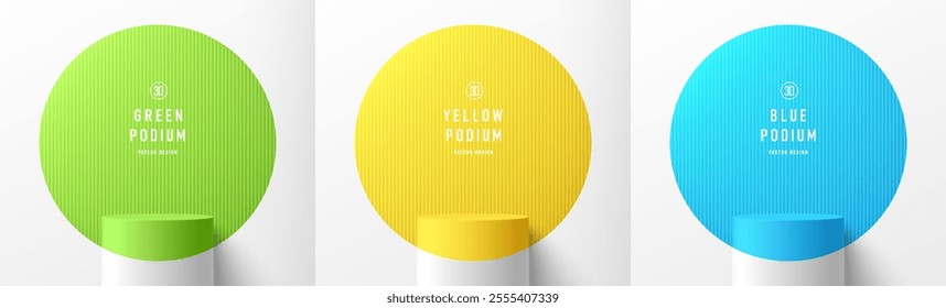 Set of white 3D cylindrical podium with green, yellow, blue circles wall scene. Minimalist mockup pedestal. Abstract stand product display presentation. Stage for showcase. Vector platforms design.