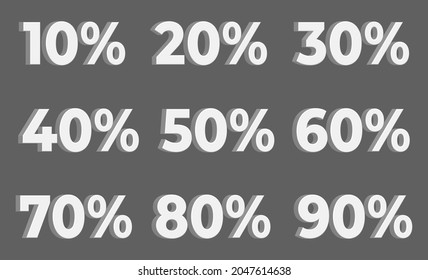 Set of White 3D Discount Numbers with Percentages. Vector Illustration