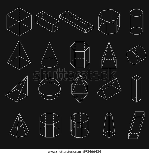 白い3d図形のセット アイソメビュー 幾何学と数学の科学 黒い背景にリニアオブジェクト 輪郭 ベクターイラスト のベクター画像素材 ロイヤリティフリー