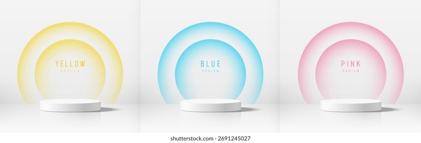 Conjunto de fondo blanco del podio del producto 3d con la escena amarilla, azul, rosada de la pared de la iluminación del semicírculo. Composición Abstractas de diseño minimalista. Pedestal de la sala de exposición del estudio 3D, escaparates del escenario de la moda.