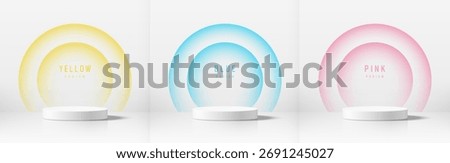 Set of white 3d product podium background with yellow, blue, pink semi-circle lighting wall scene. Abstract composition minimalist design. 3D Studio display showroom pedestal, Fashion stage showcases.
