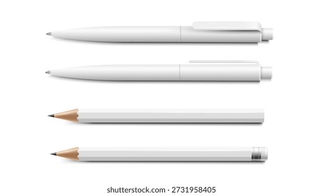 Set of white 3D realistic pen and pencil. Vector template, mockup Branding Stationery and corporate Identity