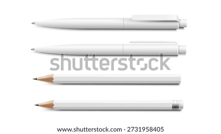 Set of white 3D realistic pen and pencil. Vector template, mockup Branding Stationery and corporate Identity