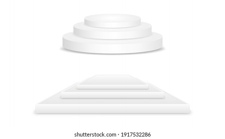 Set of white 3d realistic podium mockup in different shapes. Podium stage for an award ceremony or performance by an artist. 3d Pedestal. Stock vector illustration on white isolated background.