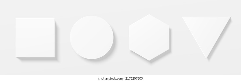 Set Of White 3D Round Circle, Square, Hexagon And  Triangle Shape Board Frame. Collection Of Isolated Geometric Scene For Mockup Product Display. Top View Of Pedestal Or Podium Design. Vector EPS10.