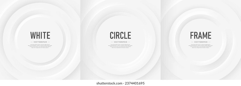 Set of white 3D round circle frame in neumorphism style with soft light and shadow. Minimal circles gradient pattern collection design with text copy space. Creative minimal templates design.