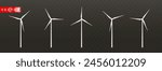 Set of white 3d wind turbines. Windmills for eco energy. Wind towers with vanes for producing renewable alternative natural energy on dark background. Vector illustration