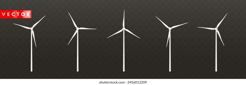 Set of white 3d wind turbines. Windmills for eco energy. Wind towers with vanes for producing renewable alternative natural energy on dark background. Vector illustration