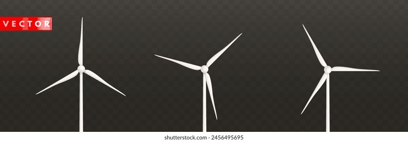 Set of white 3d wind turbines. Windmills for eco energy. Wind towers with vanes for producing renewable alternative natural energy on dark background. Vector illustration