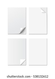 Set of White A4 size paper sheet with different curled corners, realistic vector template for office design, portfolio, advertising