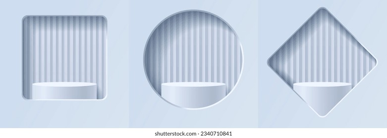 Set of white abstract 3d minimal geometric backdrops, Cylindrical podium for displaying products in rounded square, rotated rounded corner square, and circle windows background, Vector illustration