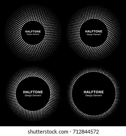 Set of White Abstract Emblem Circle Frame Halftone Dots Logo Design Elements for medical treatment, cosmetic, technology. Circle Border Icon halftone square dot vector elements. 