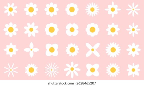 Set of white abstract flowers on pink background. Retro geometric spring flowers. Groovy simple flowers set. For greting card, poster, banner, social media.