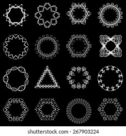 Set of white abstract geometric  outline frames or badges.  Fantasy isolated elements on black background. Vector illustration. Space for your text. Easy editable template.