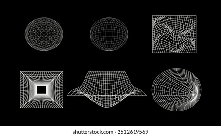 Conjunto de Formas geométricas abstractas blancas o Formas geométricas de moda fondo negro. Concepto de Vector estilo techno psicodélico.	