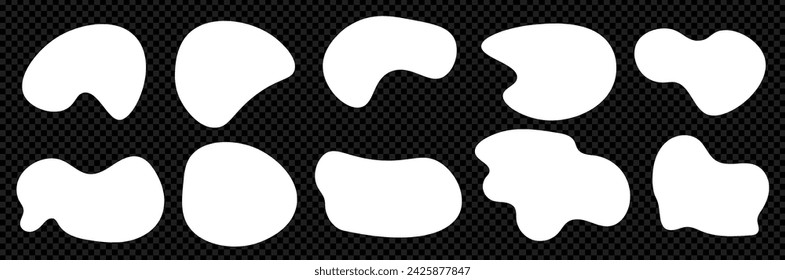 A set of white abstract onganic rounded liquid blob shapes. Vector contemporary round illustration. Irregular silhouettes of design elements. On transparent bg as a png