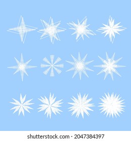 set of white abstract snowflakes on a blue background