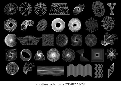 Satz von weißen abstrakten y2k geometrischen Wireframe-Elemente, Formen. Retro-Design-Elemente