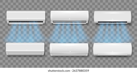 Set of white air conditioner , electronic modern appliance.Controlling temperature climate in room. Conditioning off and on regime, realistic 3d style vector illustration