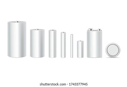 Set of white alkaline batteries of various sizes AA, C, D, AAAA, 9-volt, button for your design, vector.