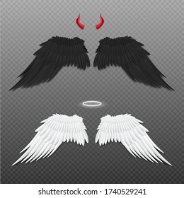 Set of white angel and black devil wings with saint holy nimbus and demons red horns template, realistic vector illustration isolated on transparent background.