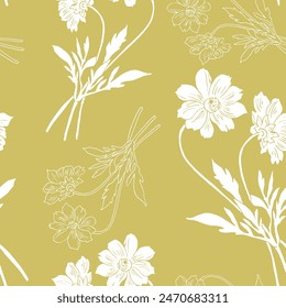 set of white aquilegia vulgaris flowers with blossomed buds and not yet blossomed, branches with leaves, sketch vector graphics color illustration on yellow background