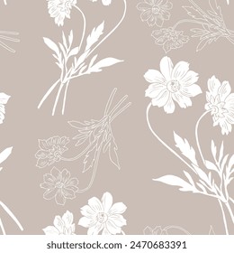 set of white aquilegia vulgaris flowers with blossomed buds and not yet blossomed, branches with leaves, sketch vector graphics color illustration on grey background